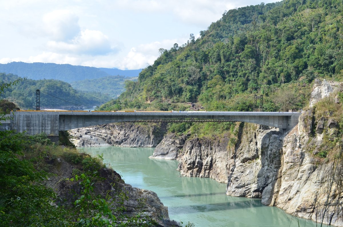 Siang Bridge — Front view with turquoise river and gorge